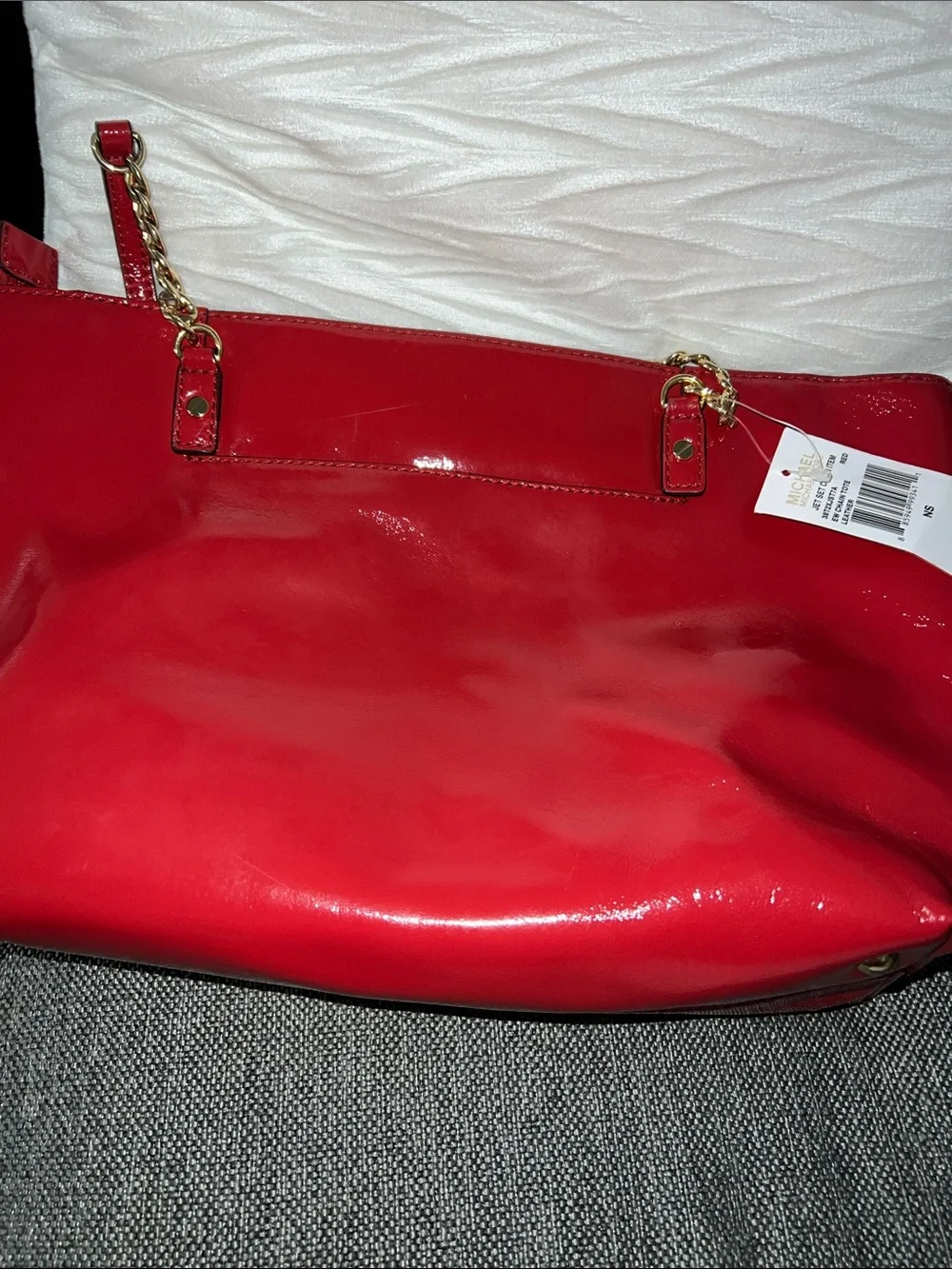 Michael Kors Shiny Red Patent Leather Shoulder Bag with Gold Chain Accents